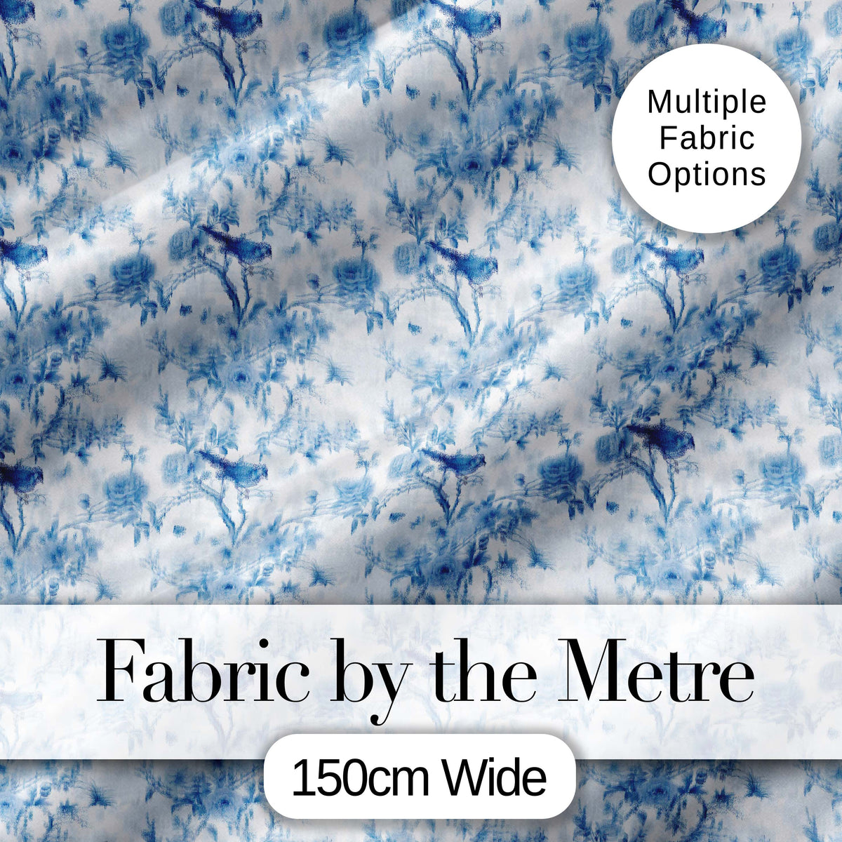 Blue Bird and Floral Toile Seamless Pattern Vintage Garden Scene Digital Print Fabric by the Metre UK Sewing Quilting Textile