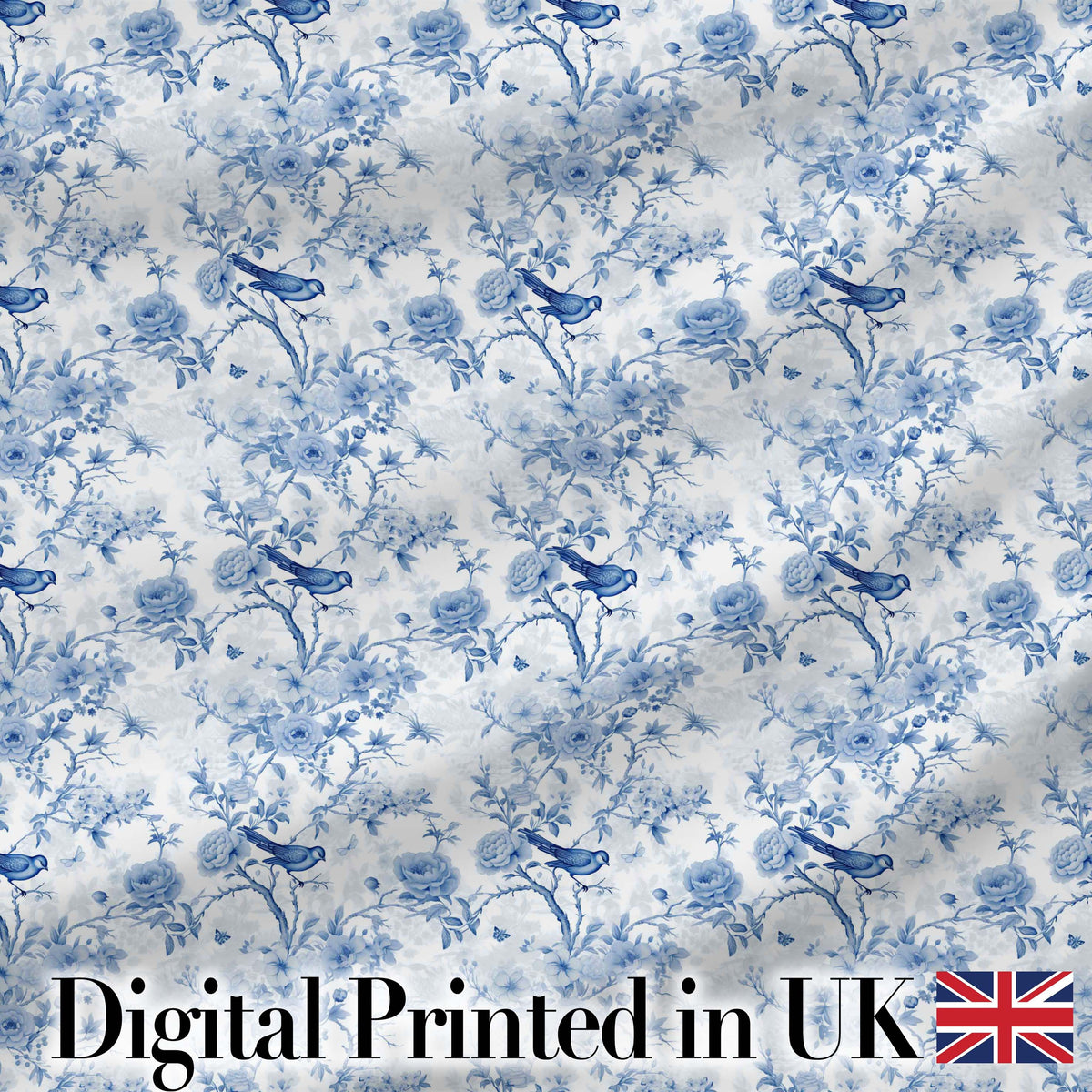 Blue Bird and Floral Toile Seamless Pattern Vintage Garden Scene Digital Print Fabric by the Metre UK Sewing Quilting Textile