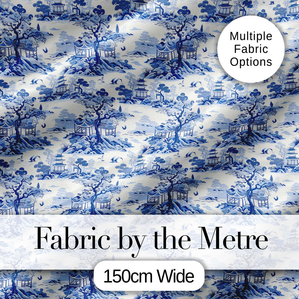 Blue Asian Garden Landscape Toile Seamless Pattern Scenic Textile Digital Print Fabric by the Metre UK Sewing Quilting Textile
