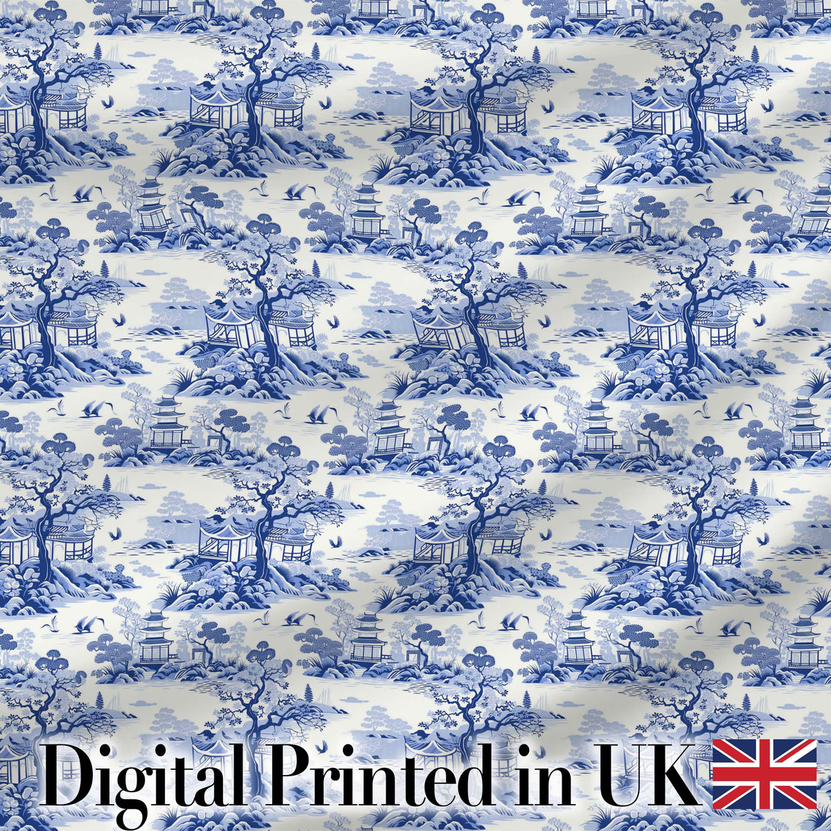 Blue Asian Garden Landscape Toile Seamless Pattern Scenic Textile Digital Print Fabric by the Metre UK Sewing Quilting Textile
