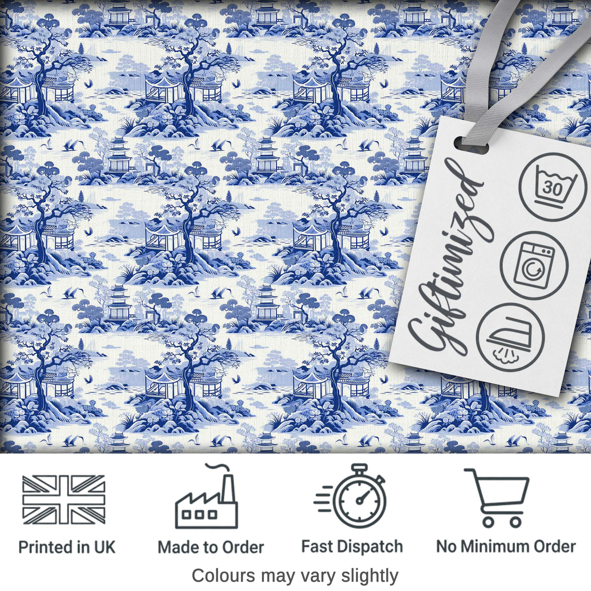 Blue Asian Garden Landscape Toile Seamless Pattern Scenic Textile Digital Print Fabric by the Metre UK Sewing Quilting Textile