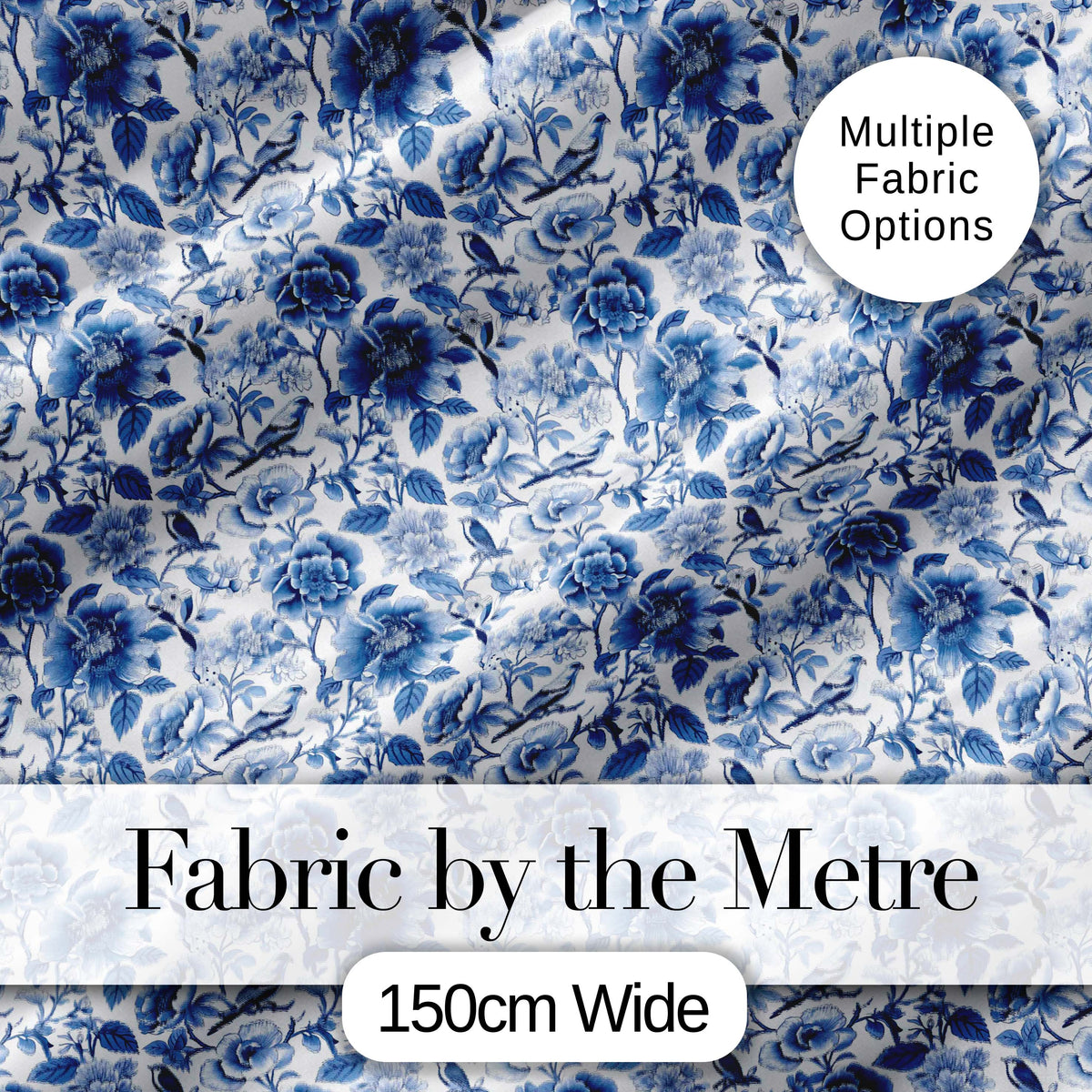 Blue Floral and Bird Detailed Seamless Pattern Classic Toile Textile Digital Print Fabric by the Metre UK Sewing Quilting Textile