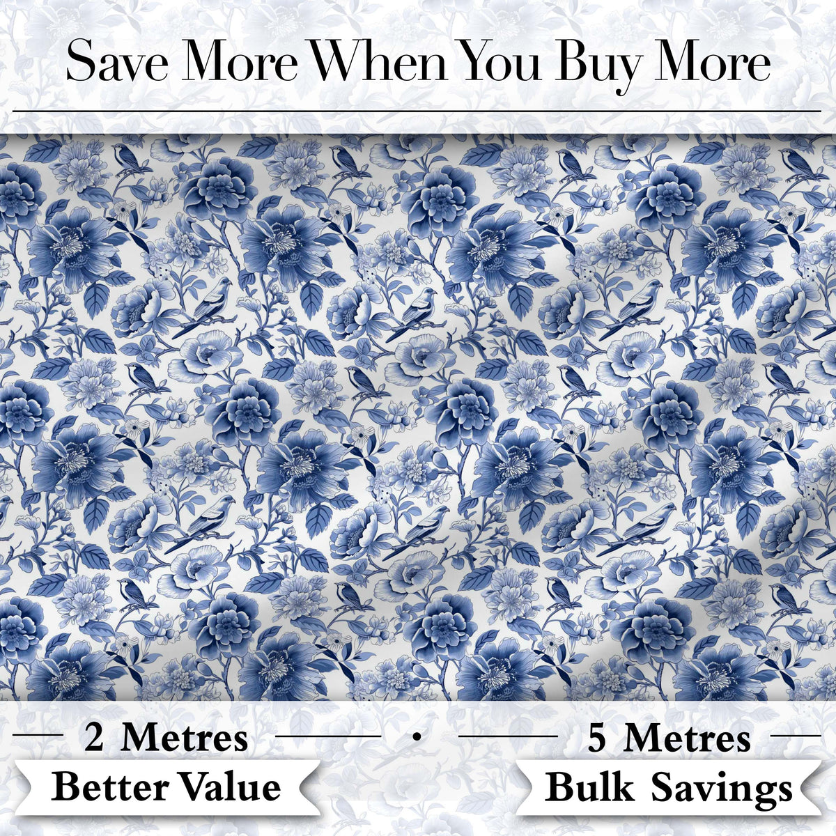 Blue Floral and Bird Detailed Seamless Pattern Classic Toile Textile Digital Print Fabric by the Metre UK Sewing Quilting Textile