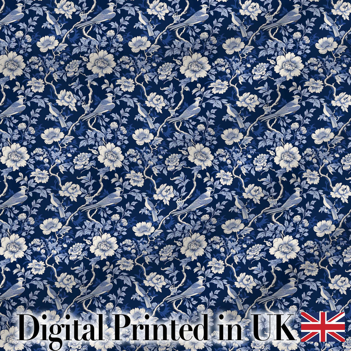Elegant Blue Floral Birds Branch Pattern Seamless Vintage Style Digital Print Fabric by the Metre UK Sewing Quilting Textile