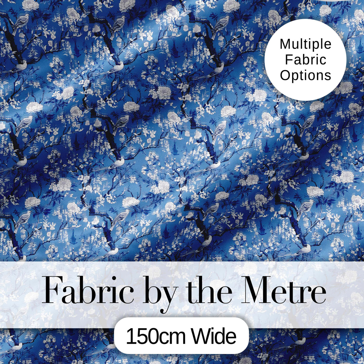 Blue Blossom Tree Birds Oriental Scenic Seamless Pattern Digital Print Fabric by the Metre UK Sewing Quilting Textile