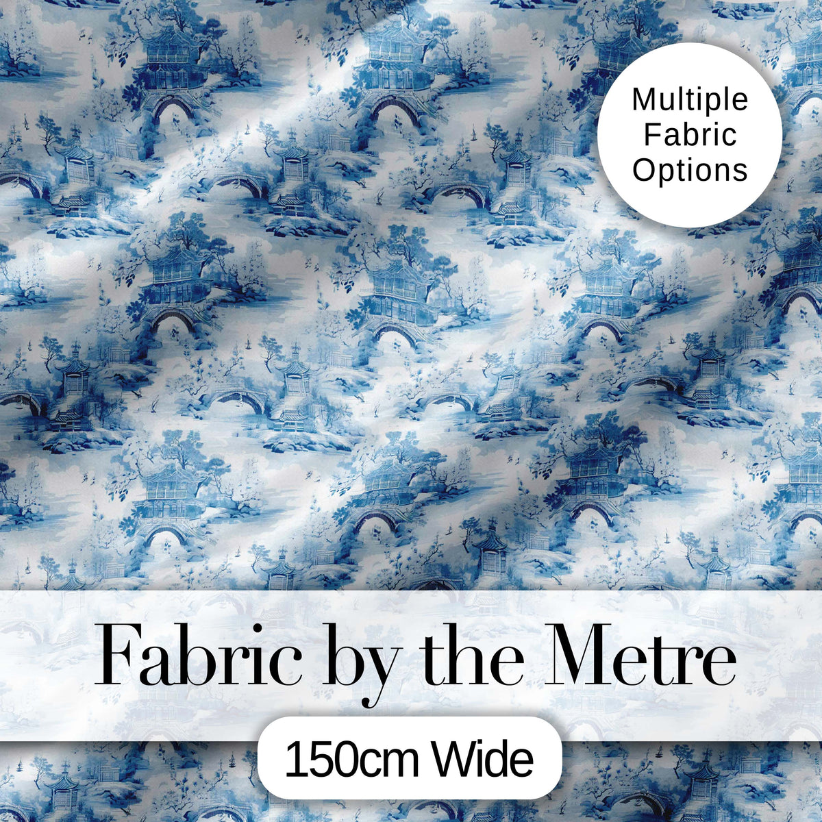 Light Blue Asian Bridge Garden Scenic Seamless Pattern Digital Print Fabric by the Metre UK Sewing Quilting Textile