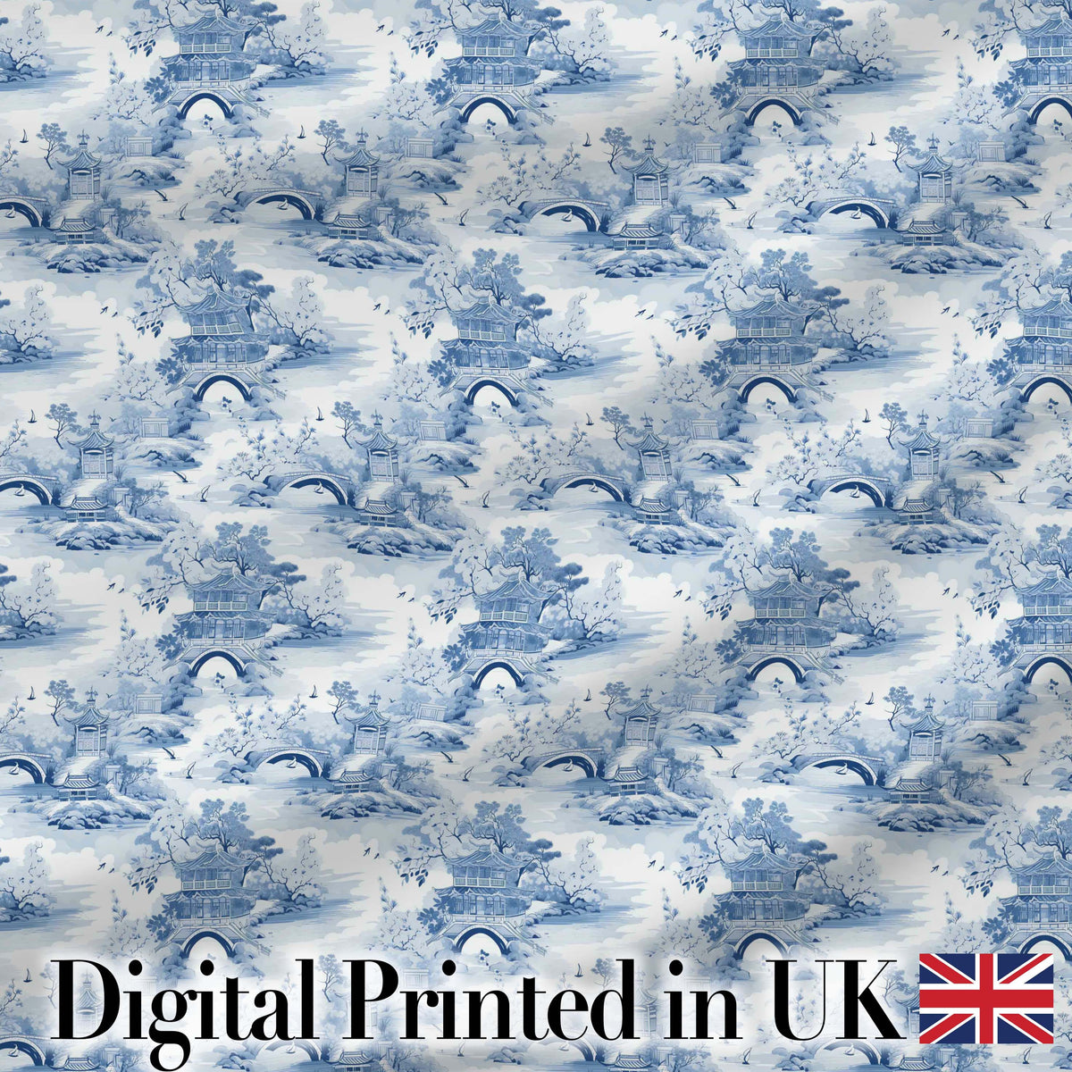 Light Blue Asian Bridge Garden Scenic Seamless Pattern Digital Print Fabric by the Metre UK Sewing Quilting Textile