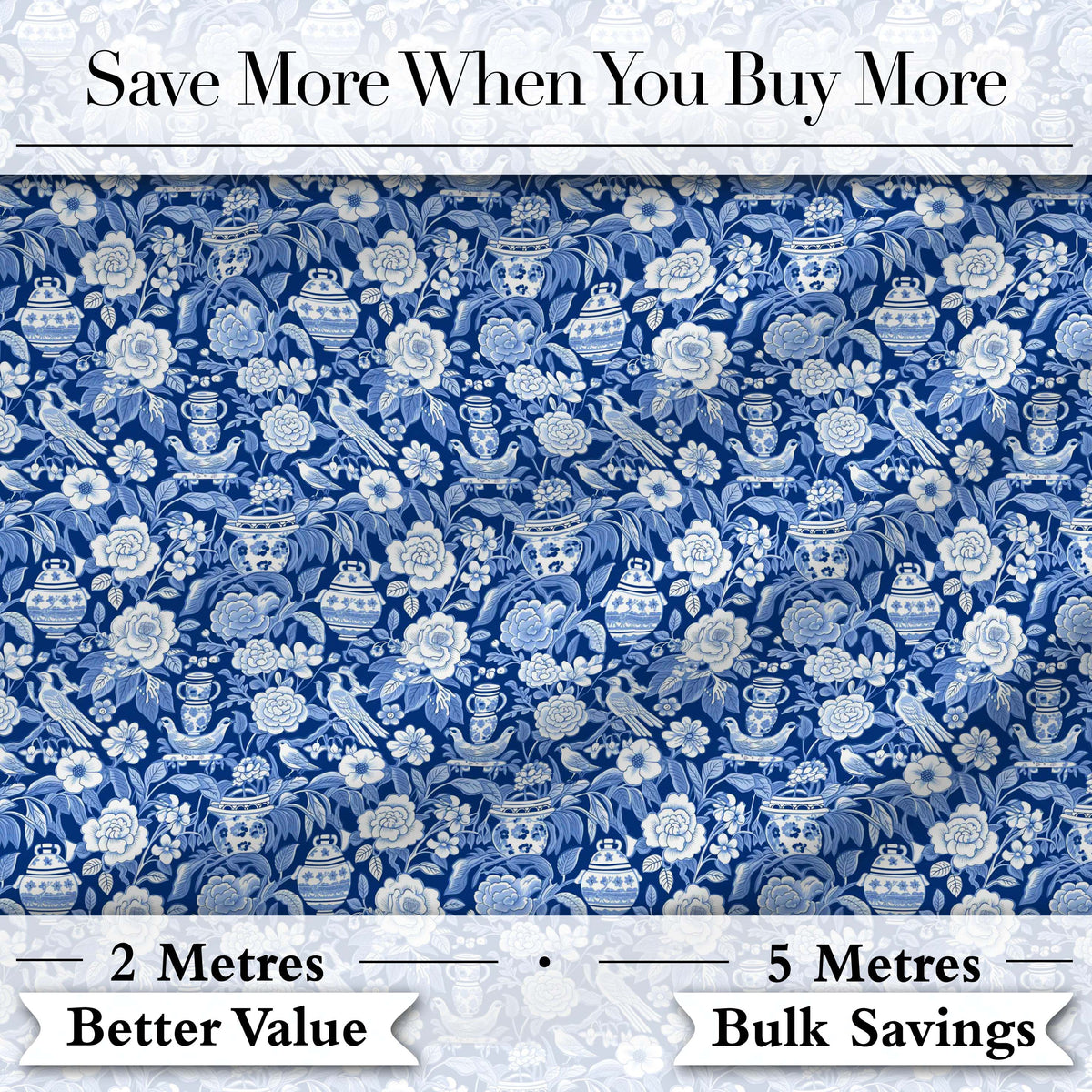 Classic Blue and White Oriental Garden Scenic Seamless Pattern Digital Print Fabric by the Metre UK Sewing Quilting Textile