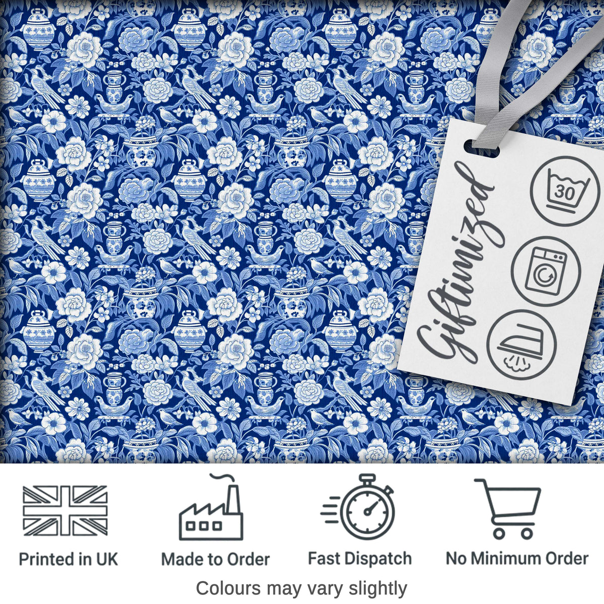 Classic Blue and White Oriental Garden Scenic Seamless Pattern Digital Print Fabric by the Metre UK Sewing Quilting Textile