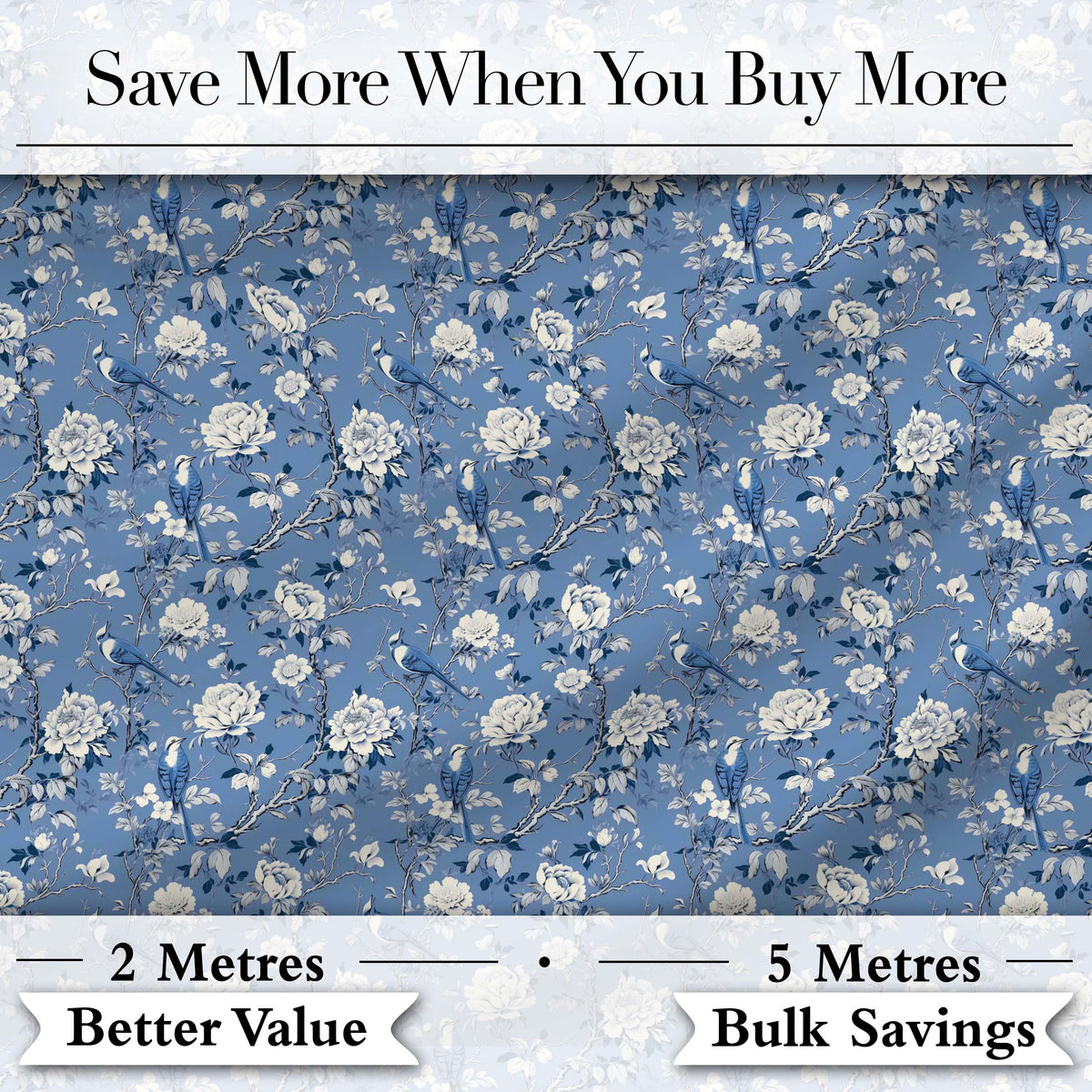 Blue Bird Floral Branch Elegant Seamless Vintage Pattern Digital Print Fabric by the Metre UK Sewing Quilting Textile