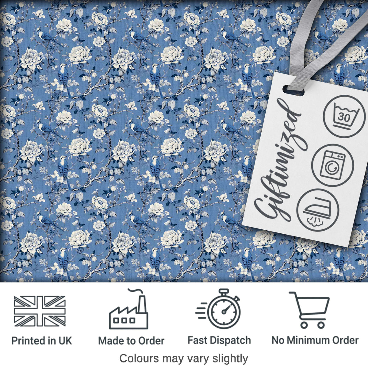 Blue Bird Floral Branch Elegant Seamless Vintage Pattern Digital Print Fabric by the Metre UK Sewing Quilting Textile