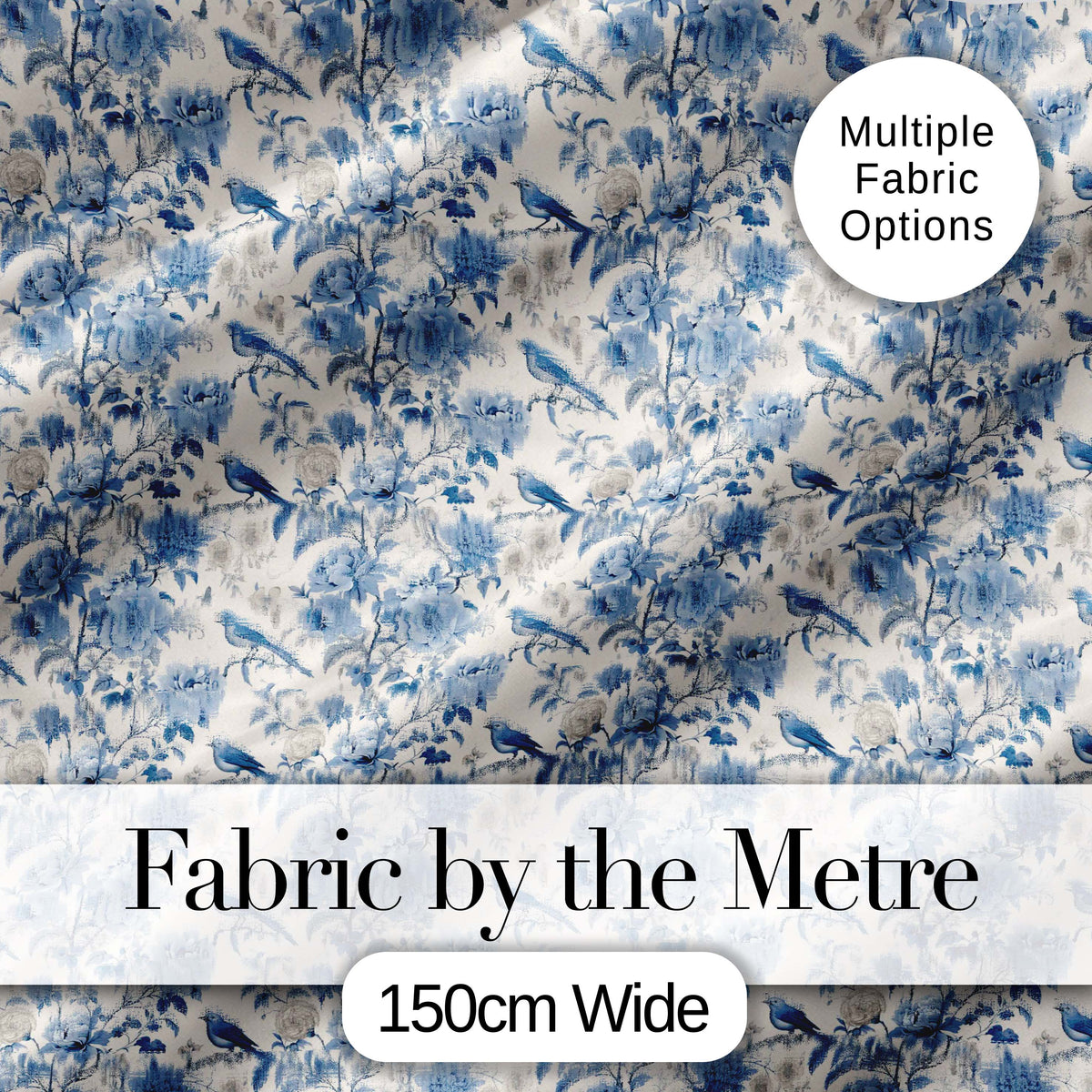 Vintage Blue Birds and Rose Blossom Floral Seamless Pattern Digital Print Fabric by the Metre UK Sewing Quilting Textile