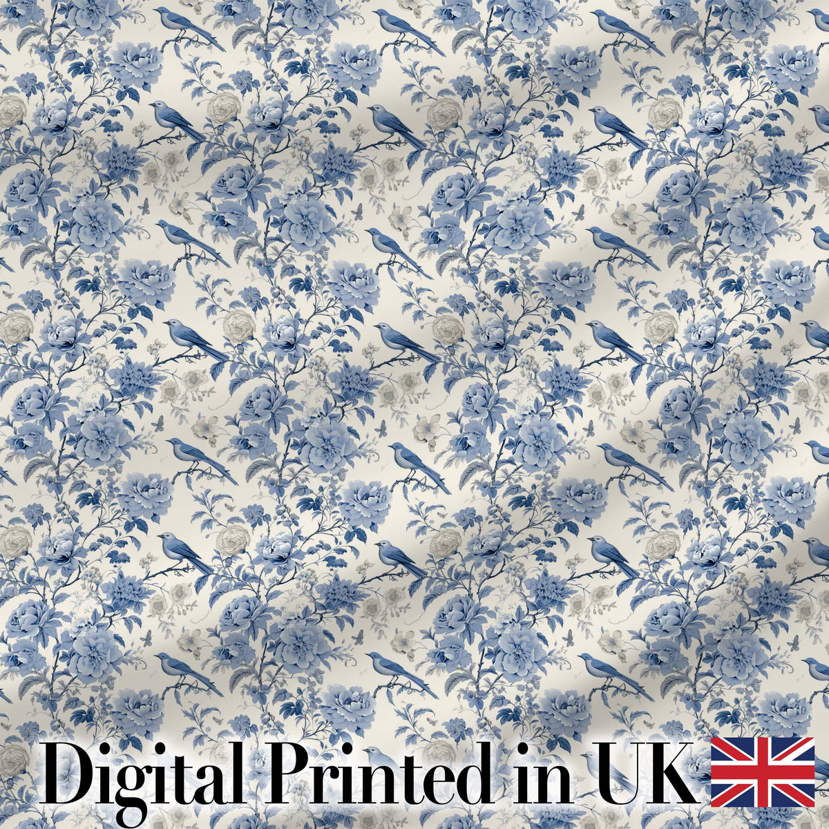 Vintage Blue Birds and Rose Blossom Floral Seamless Pattern Digital Print Fabric by the Metre UK Sewing Quilting Textile