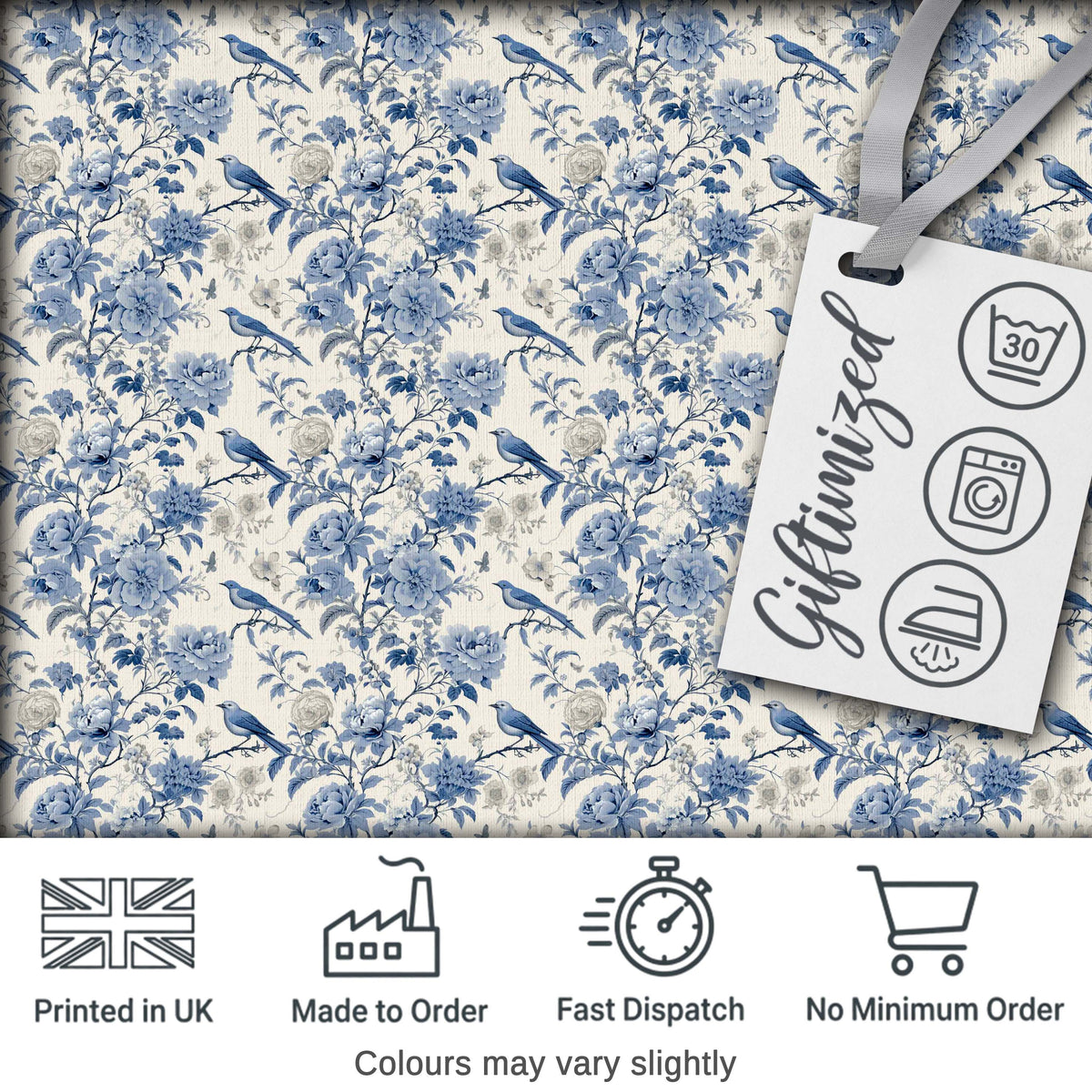 Vintage Blue Birds and Rose Blossom Floral Seamless Pattern Digital Print Fabric by the Metre UK Sewing Quilting Textile
