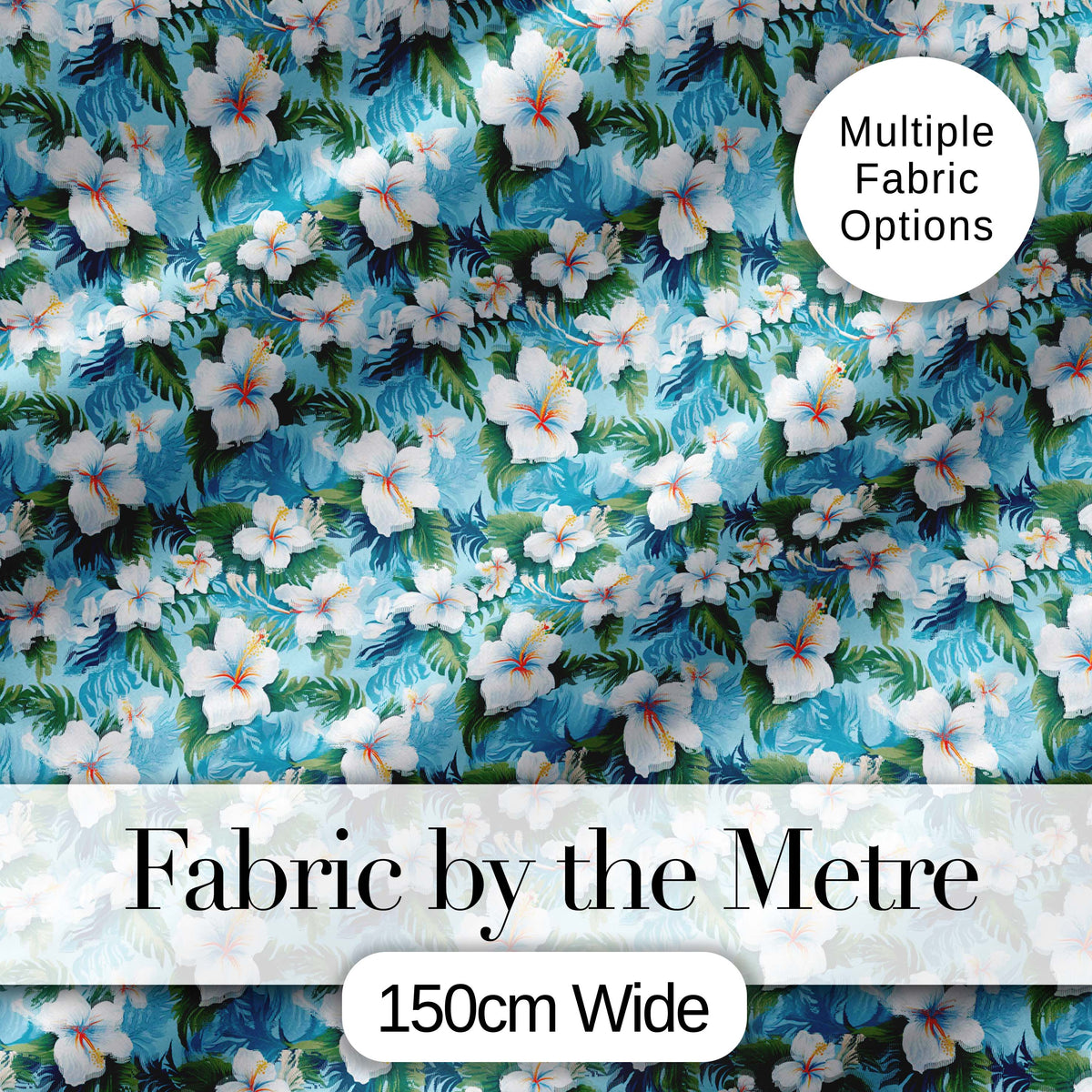 White Hibiscus Blue Leaf Tropical Floral Seamless Pattern Digital Print Fabric by the Metre UK Sewing Quilting Textile