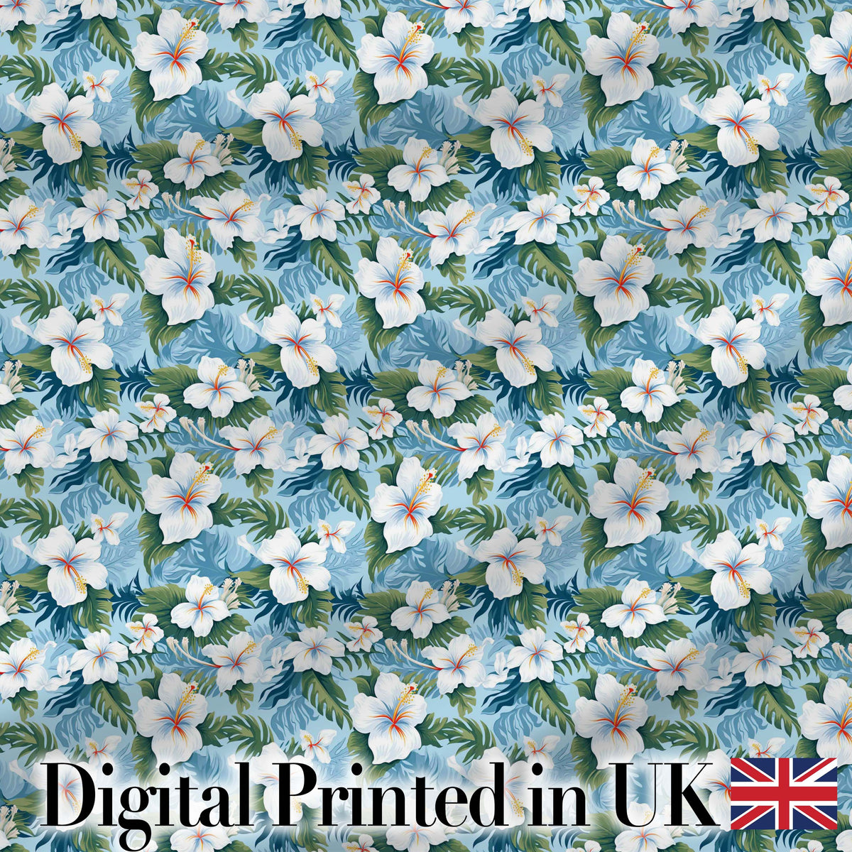 White Hibiscus Blue Leaf Tropical Floral Seamless Pattern Digital Print Fabric by the Metre UK Sewing Quilting Textile