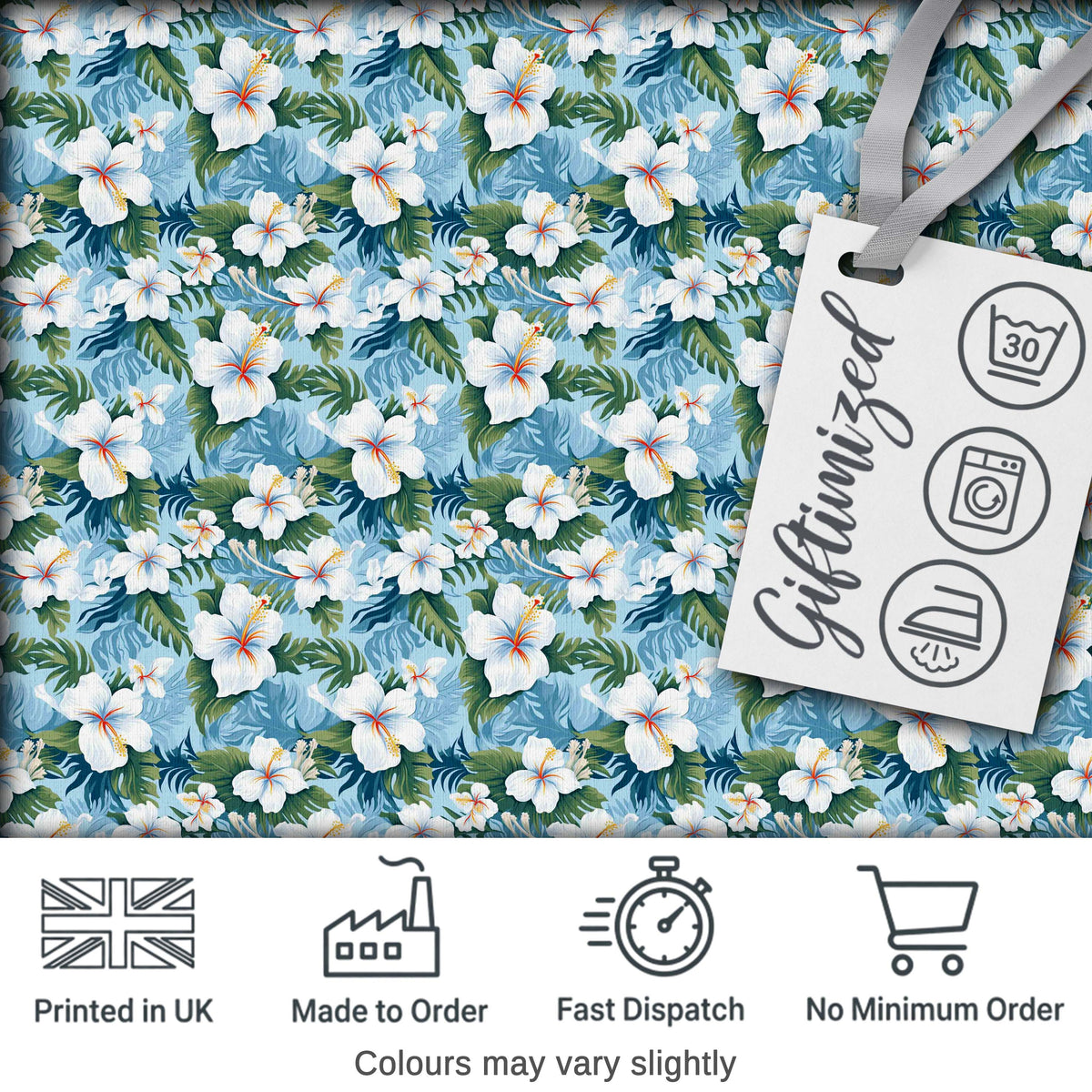 White Hibiscus Blue Leaf Tropical Floral Seamless Pattern Digital Print Fabric by the Metre UK Sewing Quilting Textile