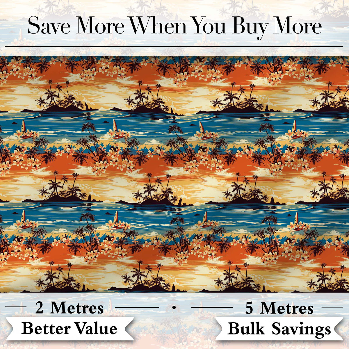 Tropical Island Sunset Palm Scene Seamless Pattern Digital Print Fabric by the Metre UK Sewing Quilting Textile