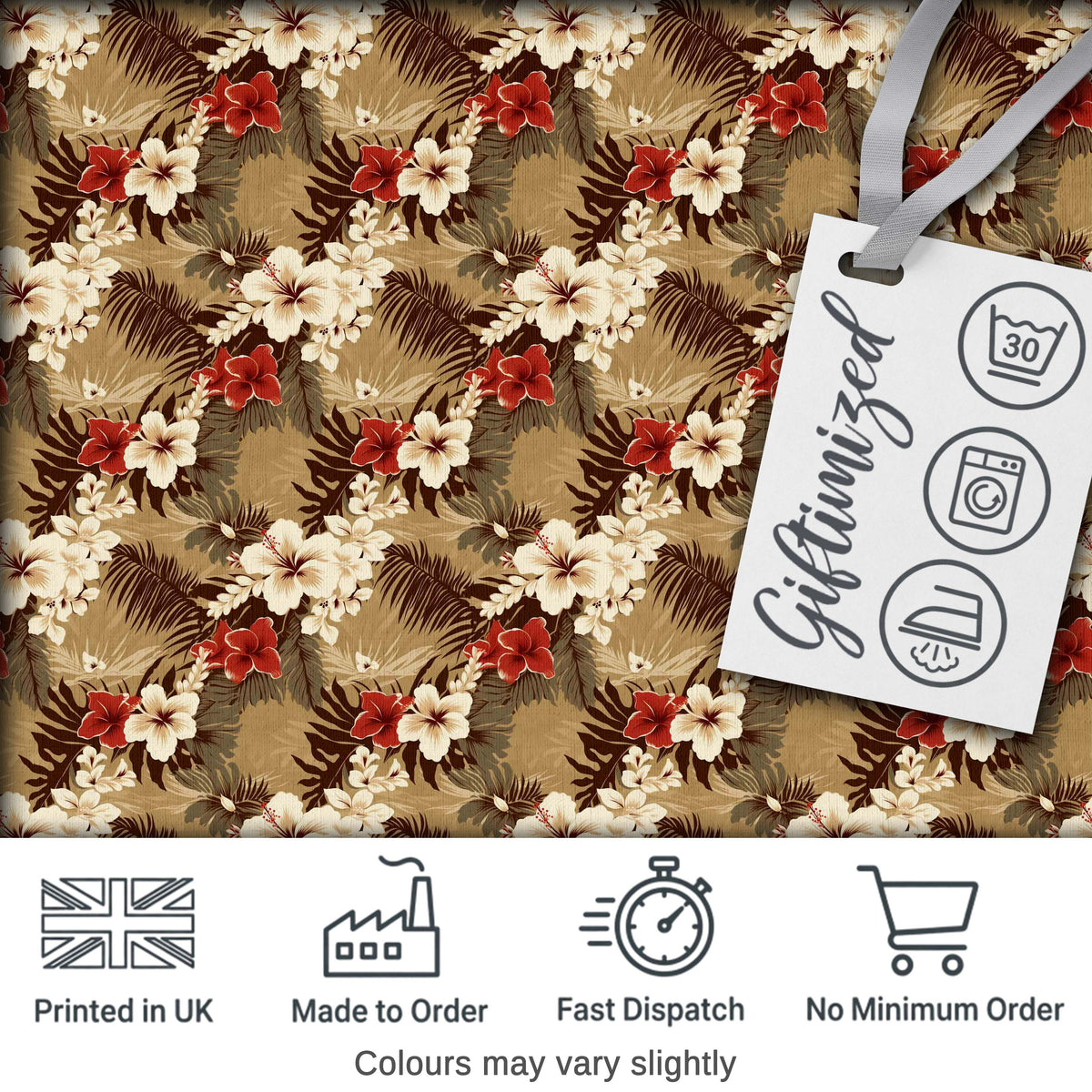 Vintage Beige Red Hibiscus Tropical Floral Seamless Pattern Digital Print Fabric by the Metre UK Sewing Quilting Textile