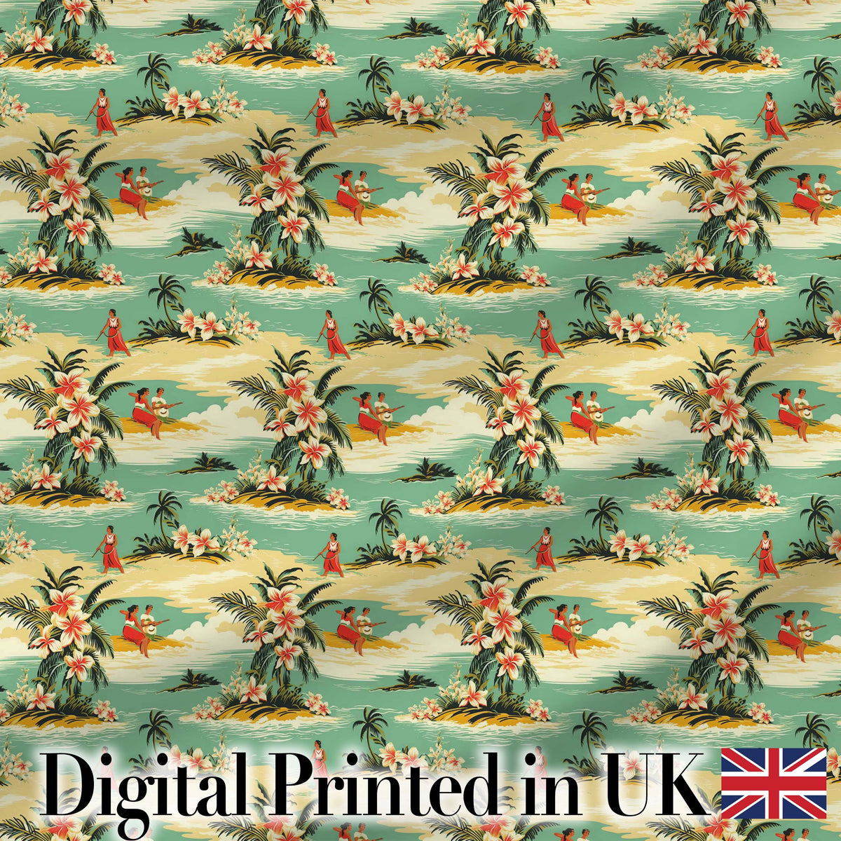 Hawaiian Island Beach People Tropical Scene Seamless Pattern Digital Print Fabric by the Metre UK Sewing Quilting Textile