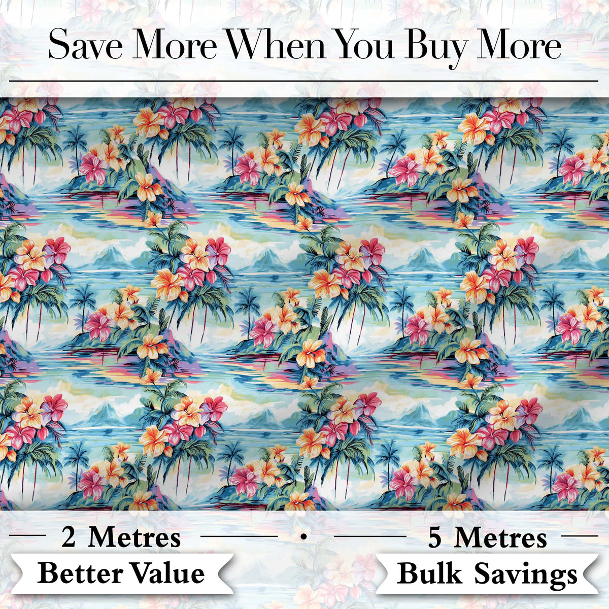 Pastel Tropical Lagoon Hibiscus Scenic Seamless Pattern Digital Print Fabric by the Metre UK Sewing Quilting Textile