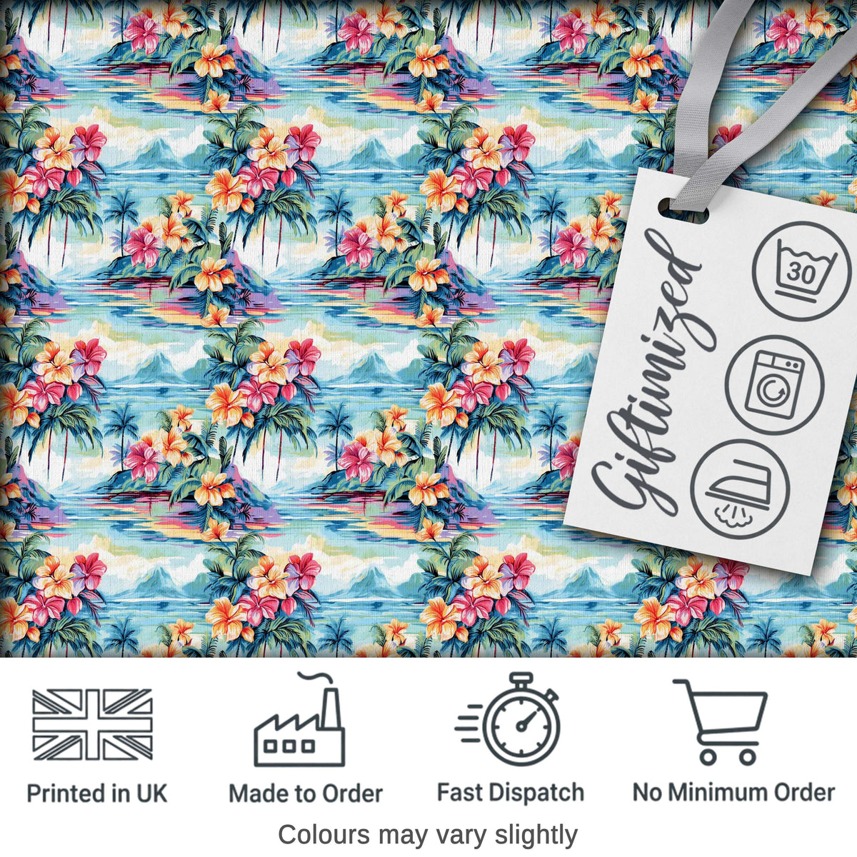 Pastel Tropical Lagoon Hibiscus Scenic Seamless Pattern Digital Print Fabric by the Metre UK Sewing Quilting Textile
