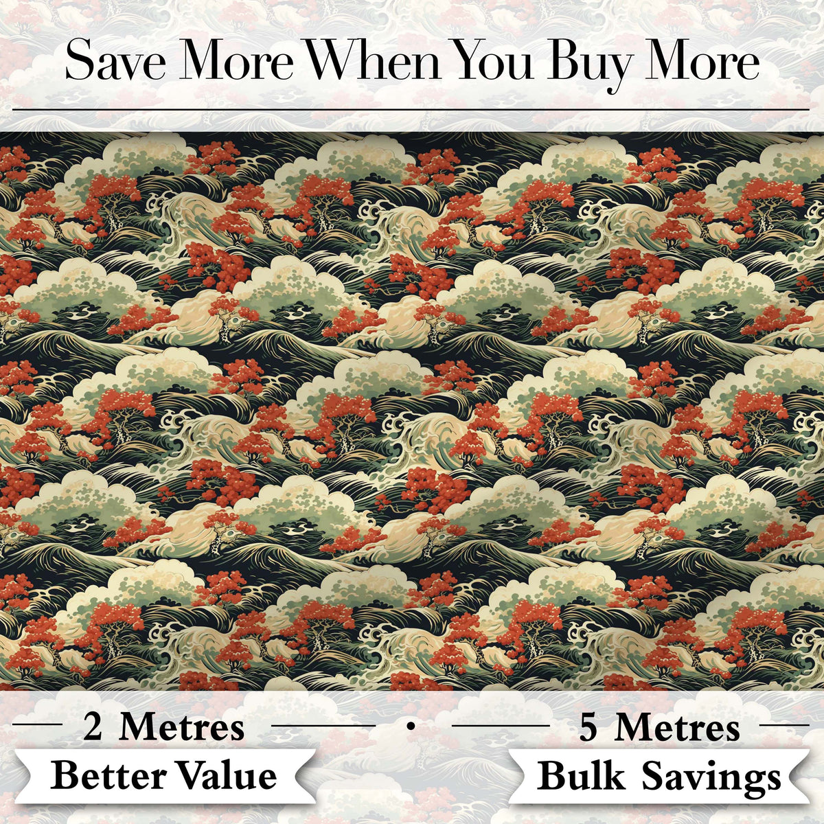 Classic Japanese Waves Red Blossom Seamless Pattern Art Digital Print Fabric by the Metre UK Sewing Quilting Textile