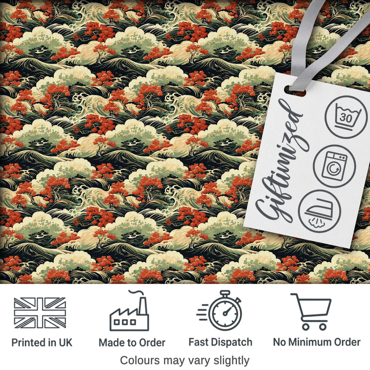 Classic Japanese Waves Red Blossom Seamless Pattern Art Digital Print Fabric by the Metre UK Sewing Quilting Textile