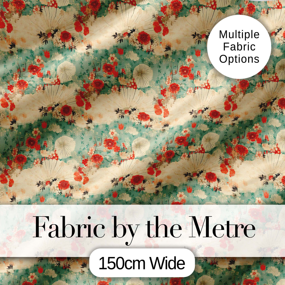 Japanese Fans Floral Blossom Soft Pastel Seamless Pattern Digital Print Fabric by the Metre UK Sewing Quilting Textile