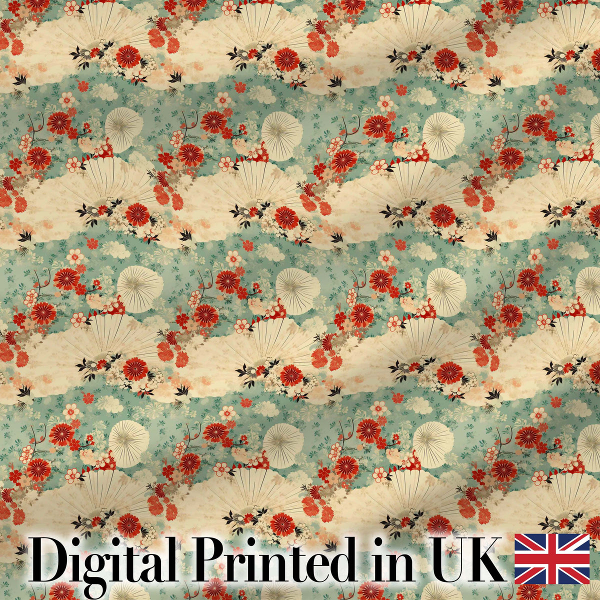 Japanese Fans Floral Blossom Soft Pastel Seamless Pattern Digital Print Fabric by the Metre UK Sewing Quilting Textile