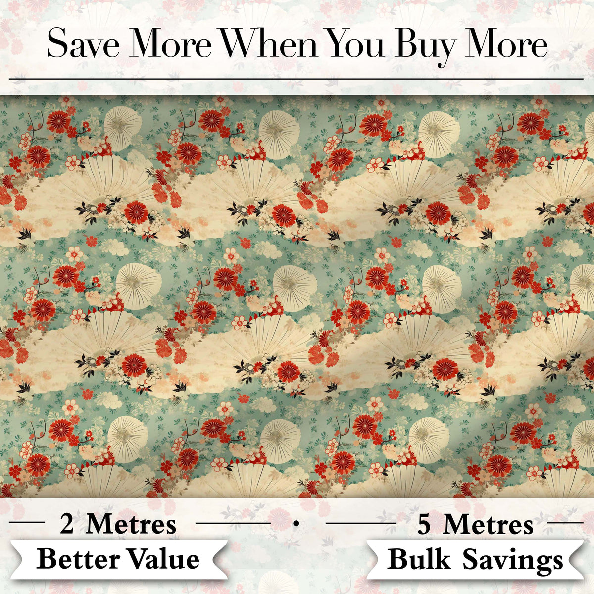 Japanese Fans Floral Blossom Soft Pastel Seamless Pattern Digital Print Fabric by the Metre UK Sewing Quilting Textile
