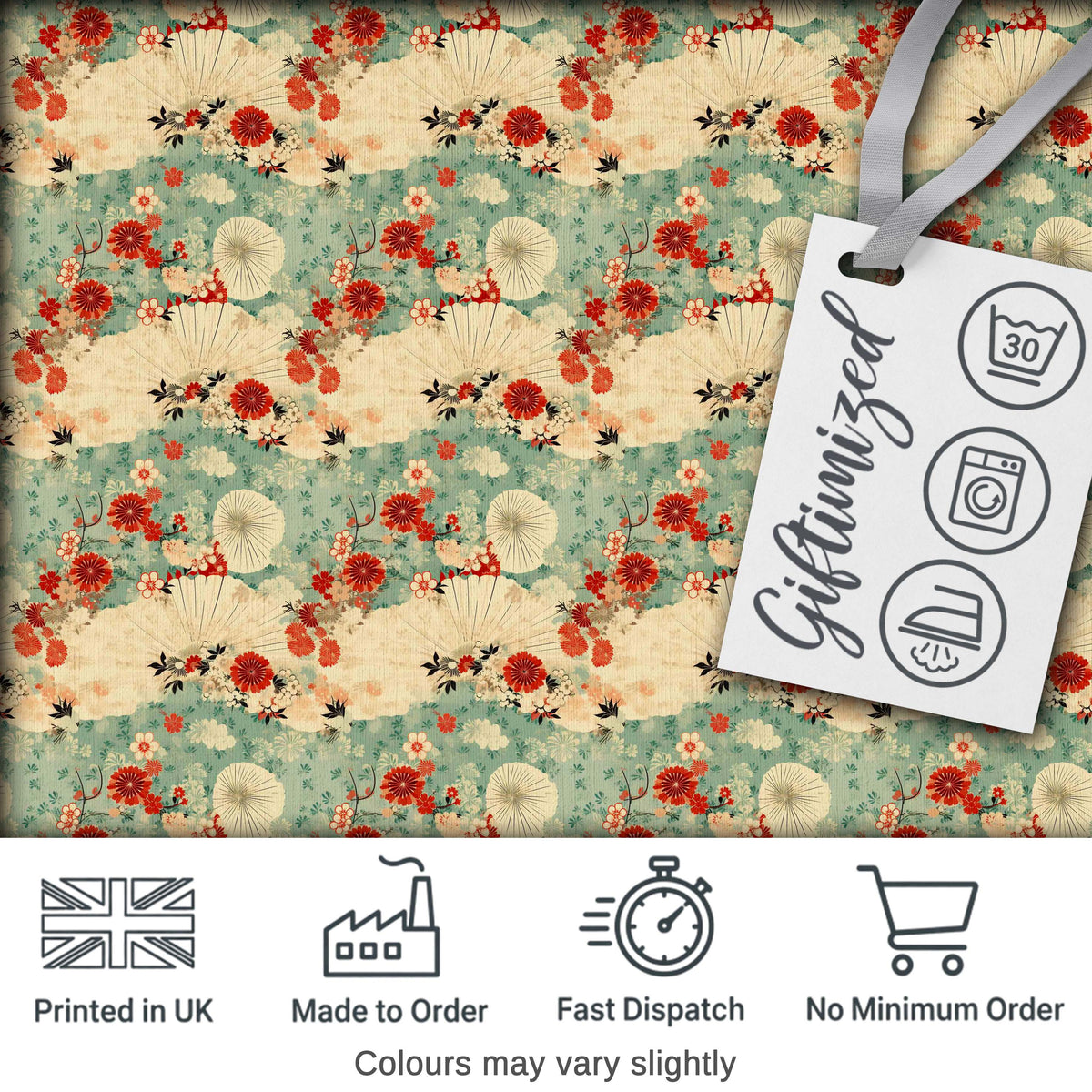 Japanese Fans Floral Blossom Soft Pastel Seamless Pattern Digital Print Fabric by the Metre UK Sewing Quilting Textile