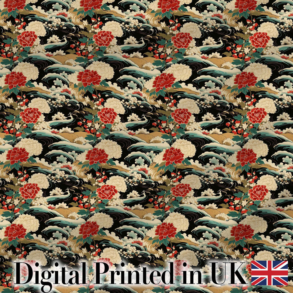 Chrysanthemum Floral Waves Vintage Style Seamless Pattern Digital Print Fabric by the Metre UK Sewing Quilting Textile