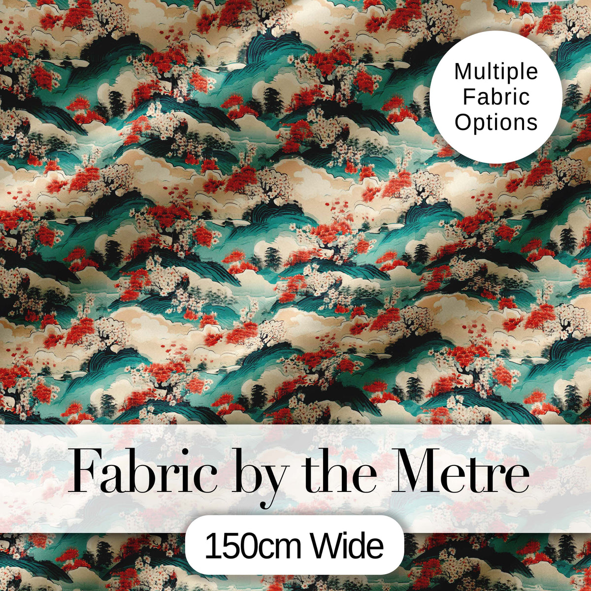 Japanese Scenic Mountains Blossom Trees Seamless Pattern Digital Print Fabric by the Metre UK Sewing Quilting Textile
