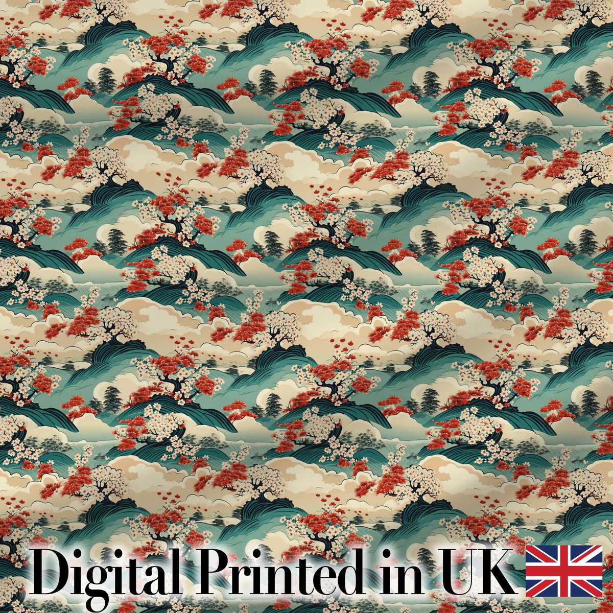 Japanese Scenic Mountains Blossom Trees Seamless Pattern Digital Print Fabric by the Metre UK Sewing Quilting Textile