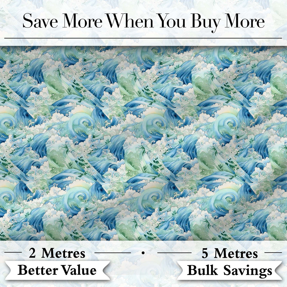 Blue Ocean Waves Artistic Water Seamless Pattern Digital Print Fabric by the Metre UK Sewing Quilting Textile