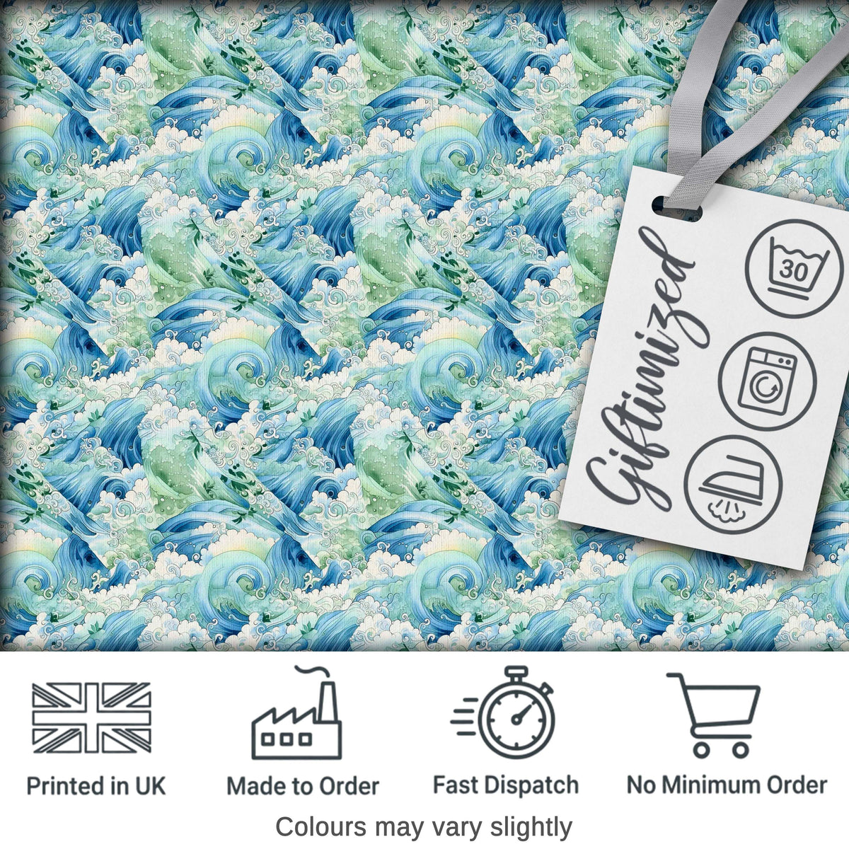 Blue Ocean Waves Artistic Water Seamless Pattern Digital Print Fabric by the Metre UK Sewing Quilting Textile