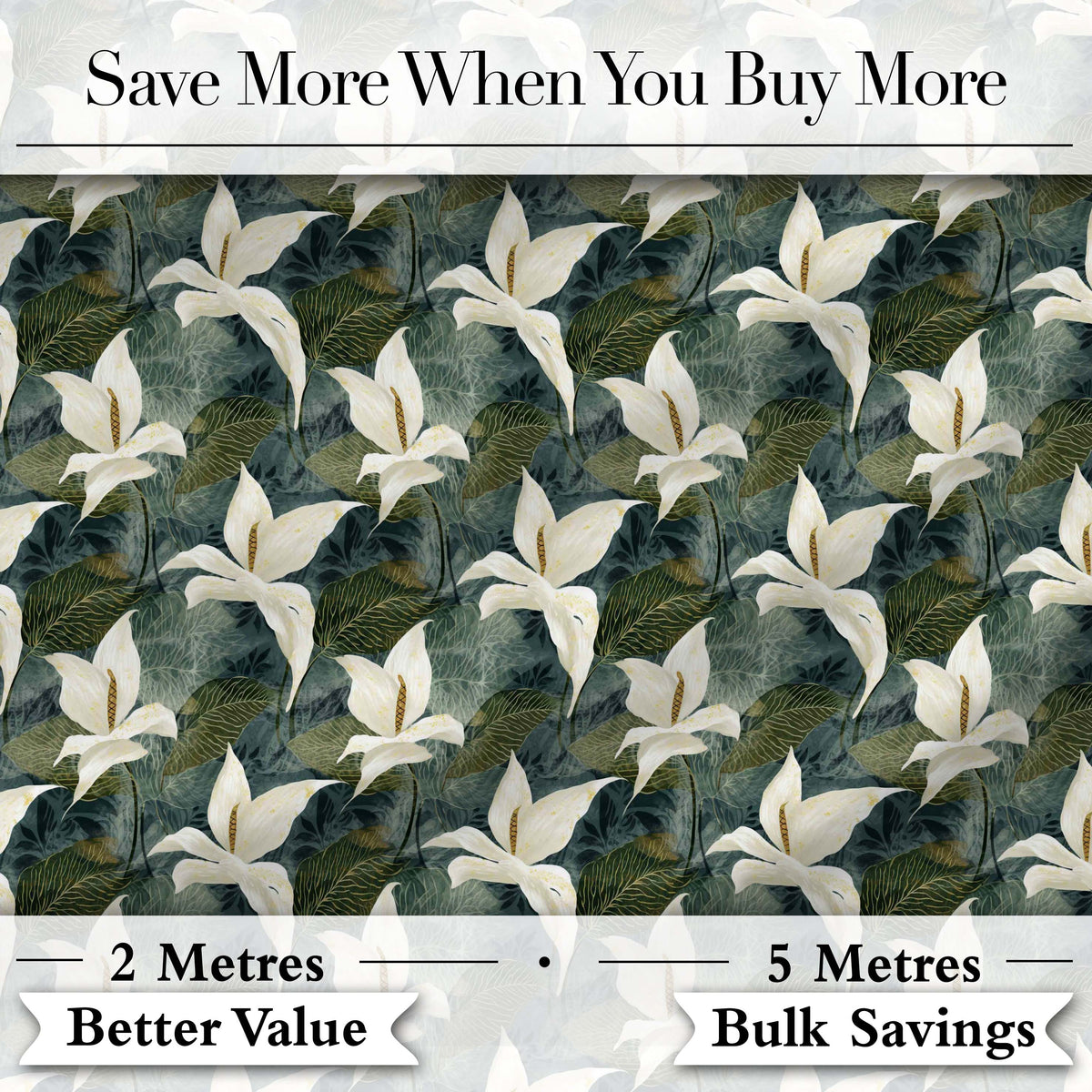 Elegant White Lily Floral Dark Leaves Seamless Pattern Digital Print Fabric by the Metre UK Sewing Quilting Textile