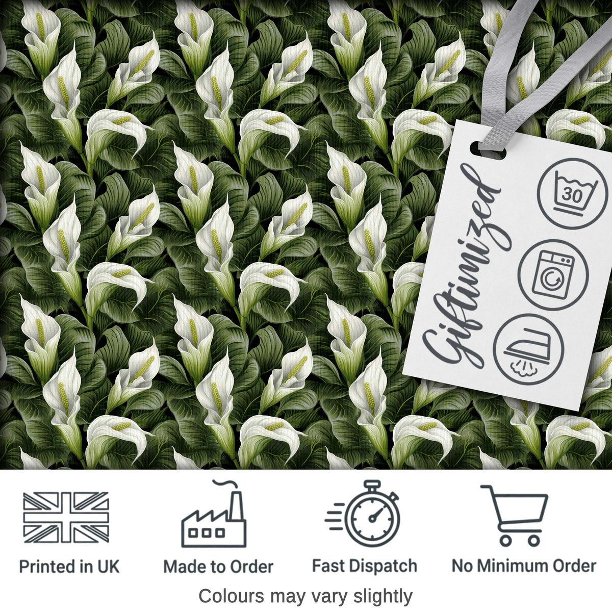 Elegant White Peace Lily Deep Green Leaves Seamless Pattern Digital Print Fabric by the Metre UK Sewing Quilting Textile