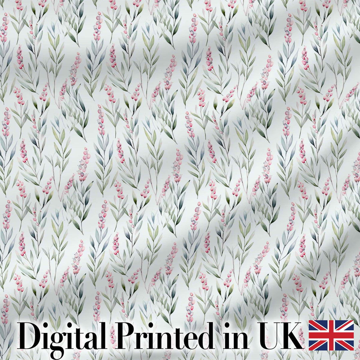 Soft Pastel Botanical Leaves with Pink Berries Seamless Pattern Digital Print Fabric by the Metre UK Sewing Quilting Textile