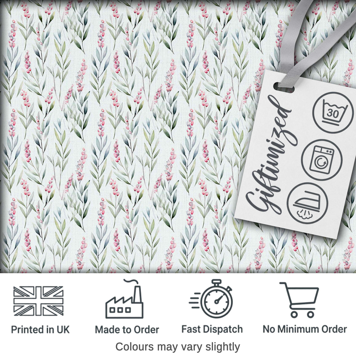 Soft Pastel Botanical Leaves with Pink Berries Seamless Pattern Digital Print Fabric by the Metre UK Sewing Quilting Textile