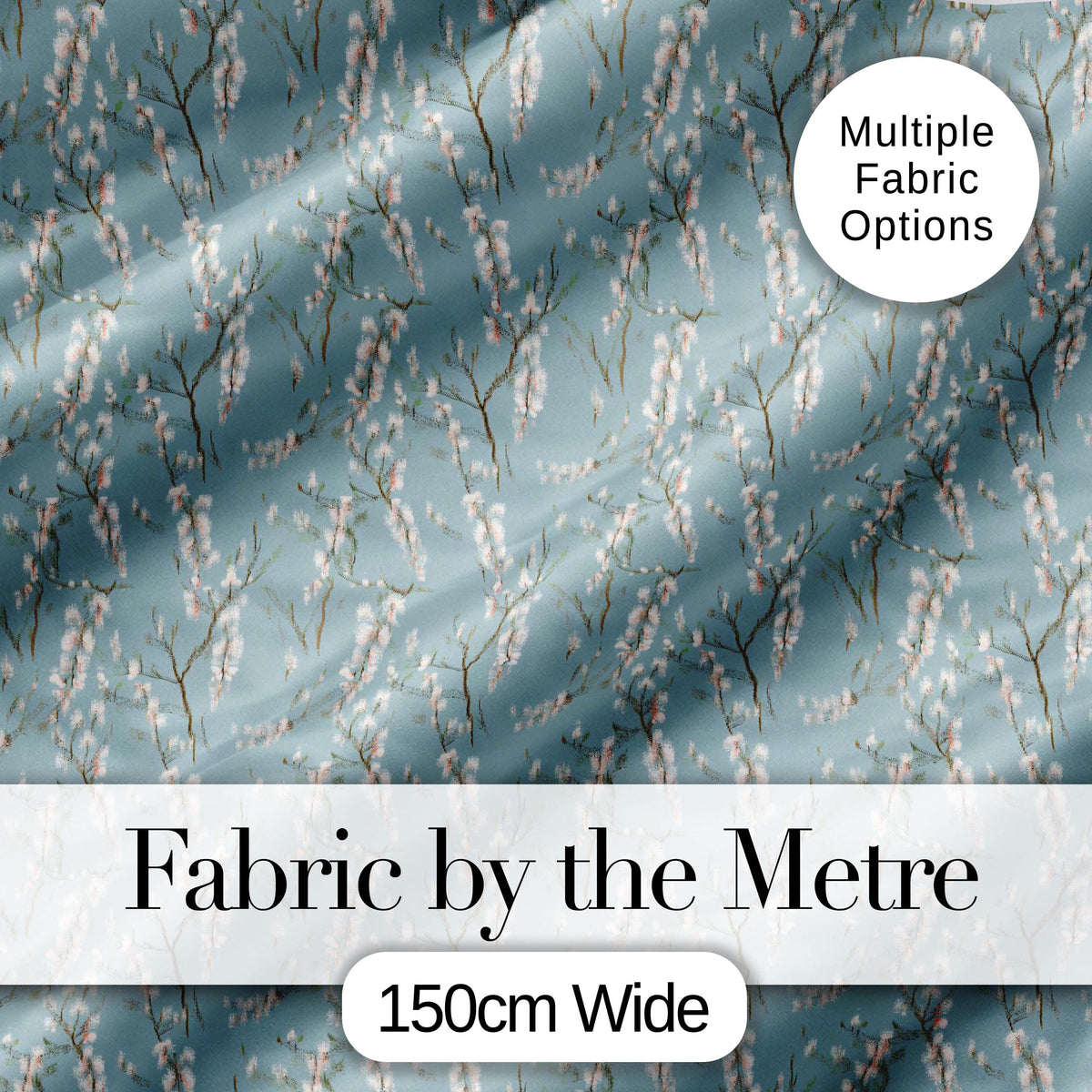 Delicate White Blossom Branches on Blue Background Seamless Pattern Digital Print Fabric by the Metre UK Sewing Quilting Textile
