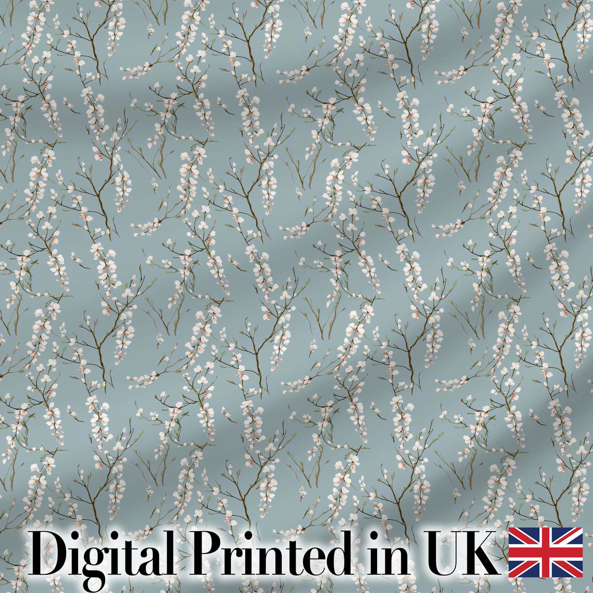Delicate White Blossom Branches on Blue Background Seamless Pattern Digital Print Fabric by the Metre UK Sewing Quilting Textile