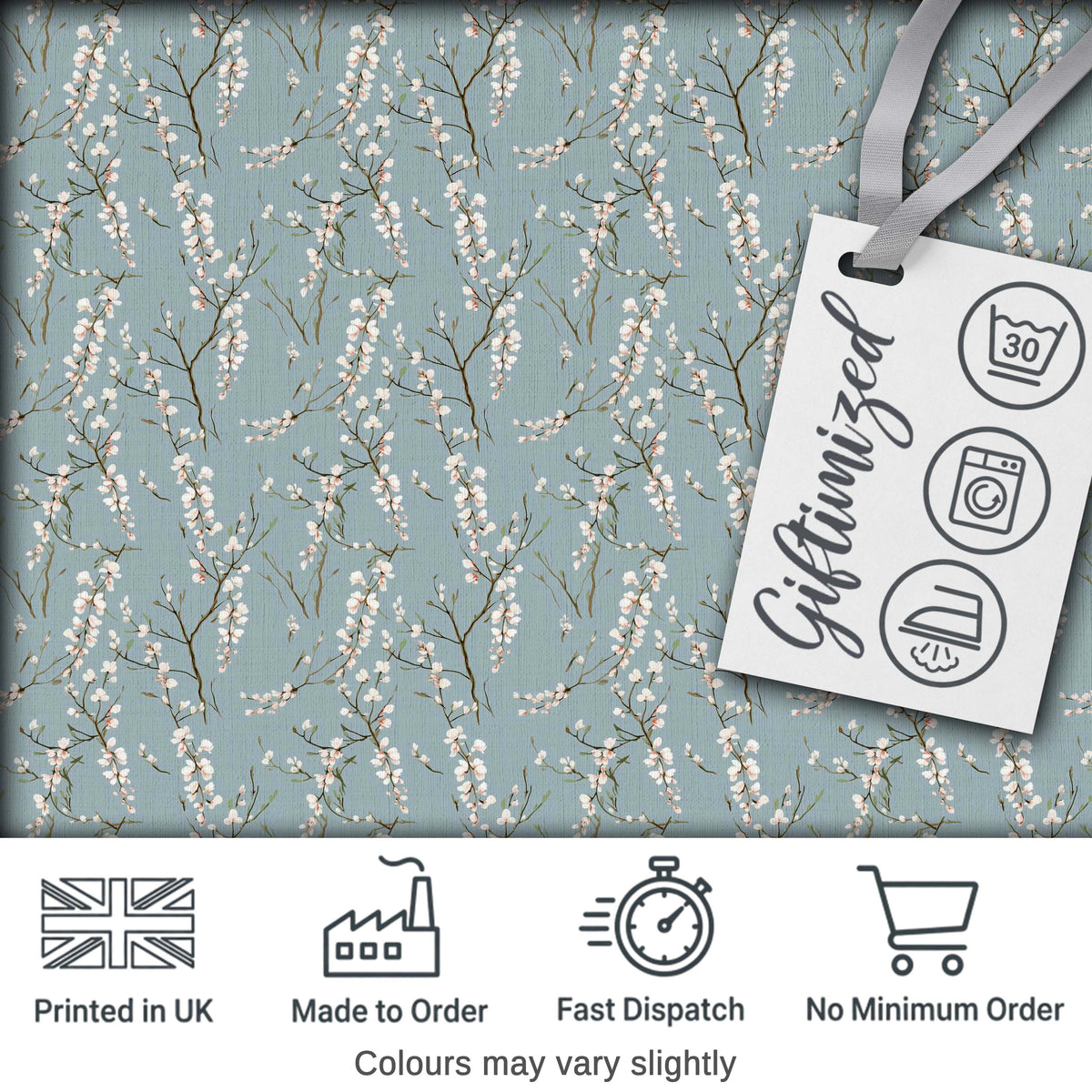 Delicate White Blossom Branches on Blue Background Seamless Pattern Digital Print Fabric by the Metre UK Sewing Quilting Textile