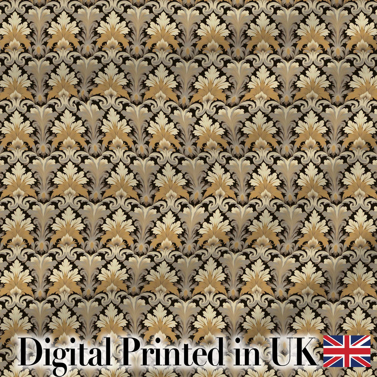 Luxury Gold Leaf Damask on Black Background Seamless Pattern Digital Print Fabric by the Metre UK Sewing Quilting Textile