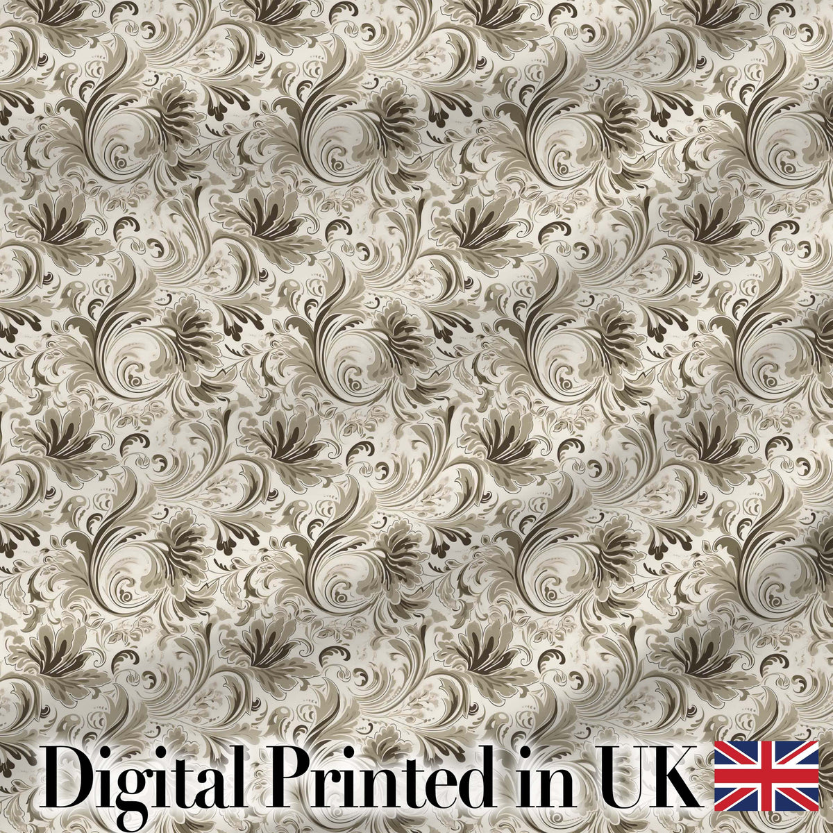 Ornate Taupe Floral Scroll Vintage Seamless Pattern Digital Print Fabric by the Metre UK Sewing Quilting Textile