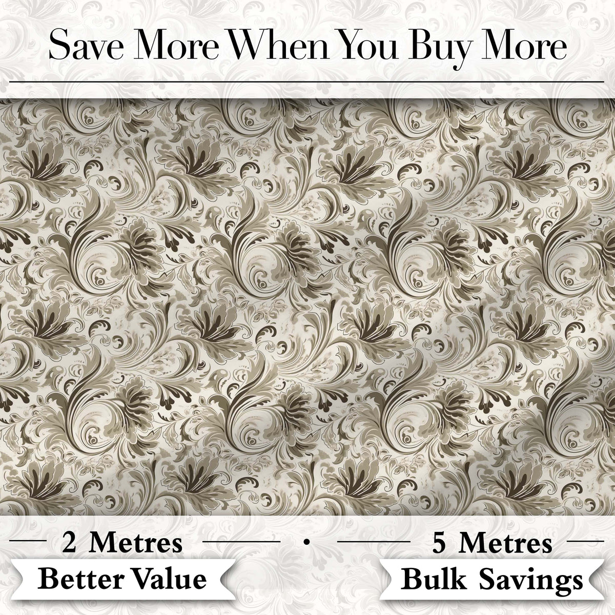 Ornate Taupe Floral Scroll Vintage Seamless Pattern Digital Print Fabric by the Metre UK Sewing Quilting Textile