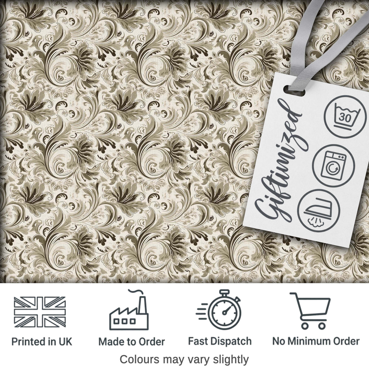 Ornate Taupe Floral Scroll Vintage Seamless Pattern Digital Print Fabric by the Metre UK Sewing Quilting Textile