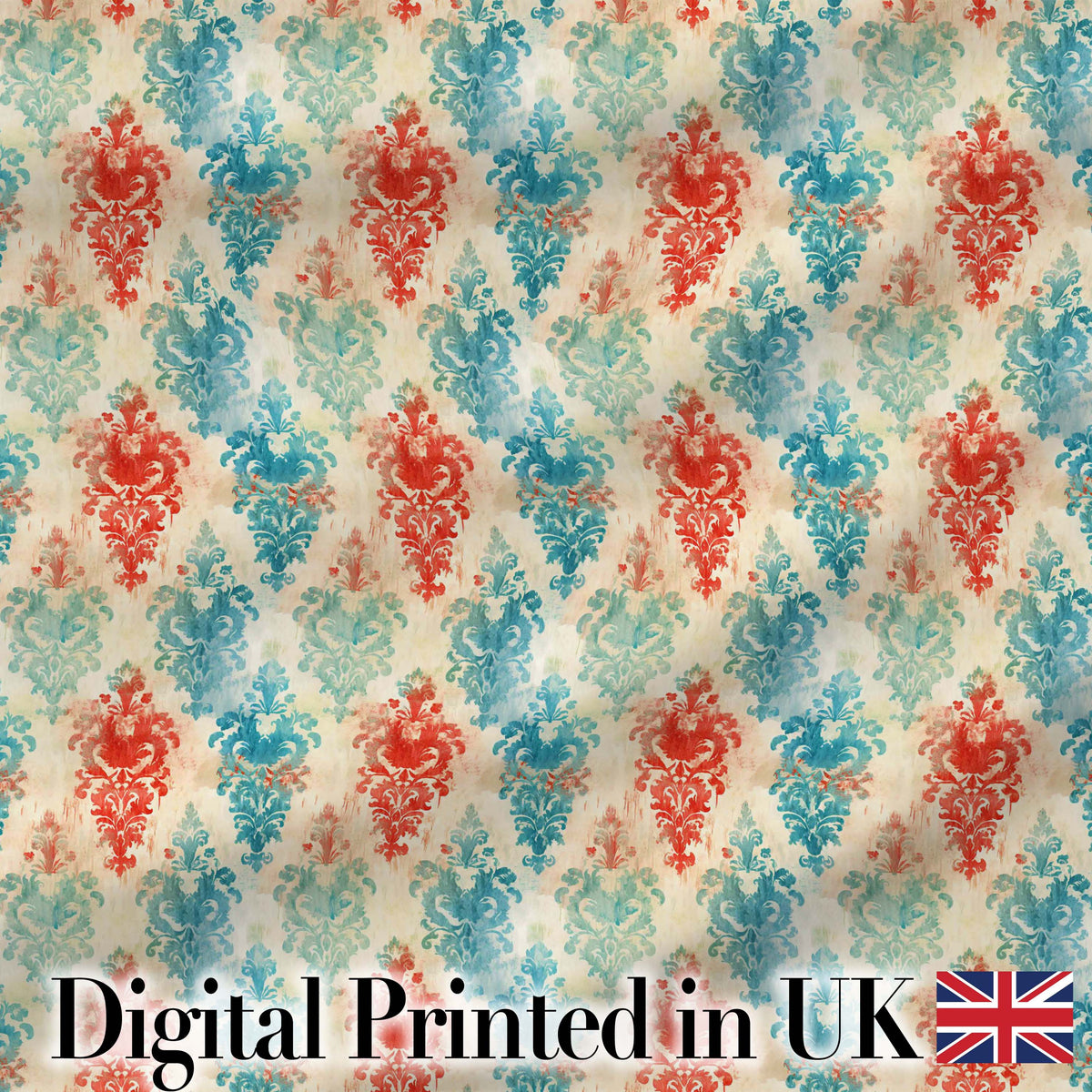 Distressed Teal Red Ornamental Damask Grunge Seamless Pattern Digital Print Fabric by the Metre UK Sewing Quilting Textile