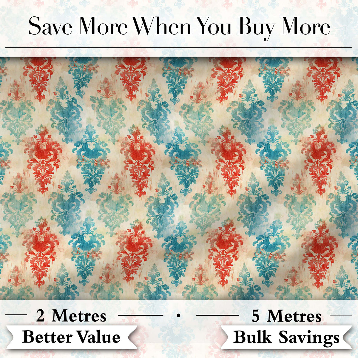 Distressed Teal Red Ornamental Damask Grunge Seamless Pattern Digital Print Fabric by the Metre UK Sewing Quilting Textile